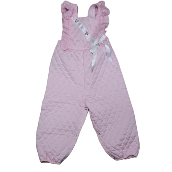 Vintage Pink with White Dots Quilted Ruffled Strap Overalls 18 Months - Picture 1 of 8